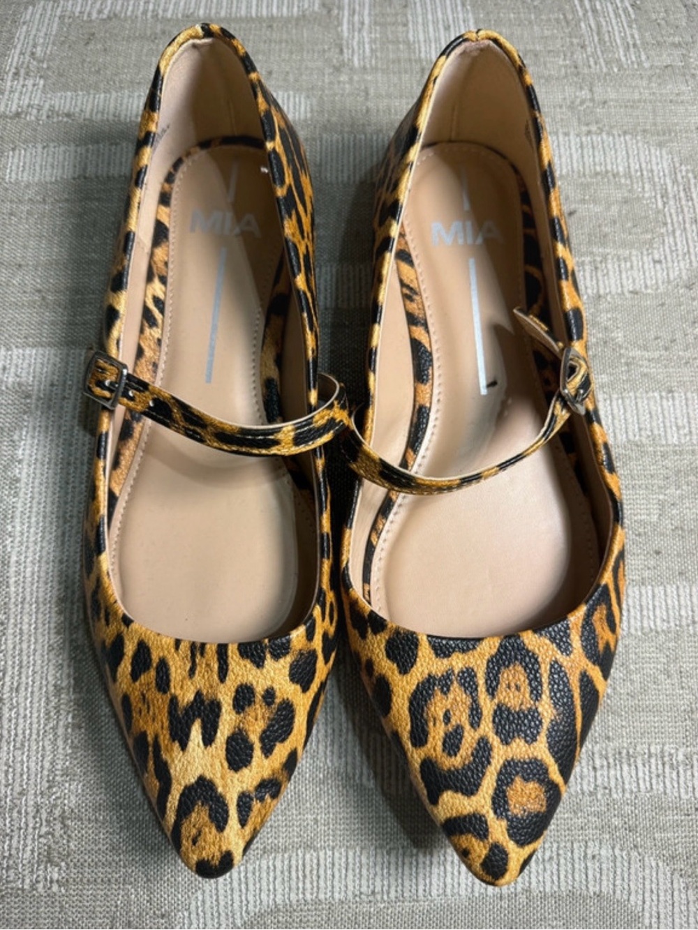 MIA Leopard-Print Pointed Mary Jane Flats in Tan and Black